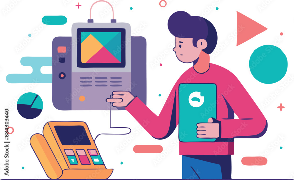 Poster colorful vector illustration of a person interacting with futuristic technology and data visualizati
