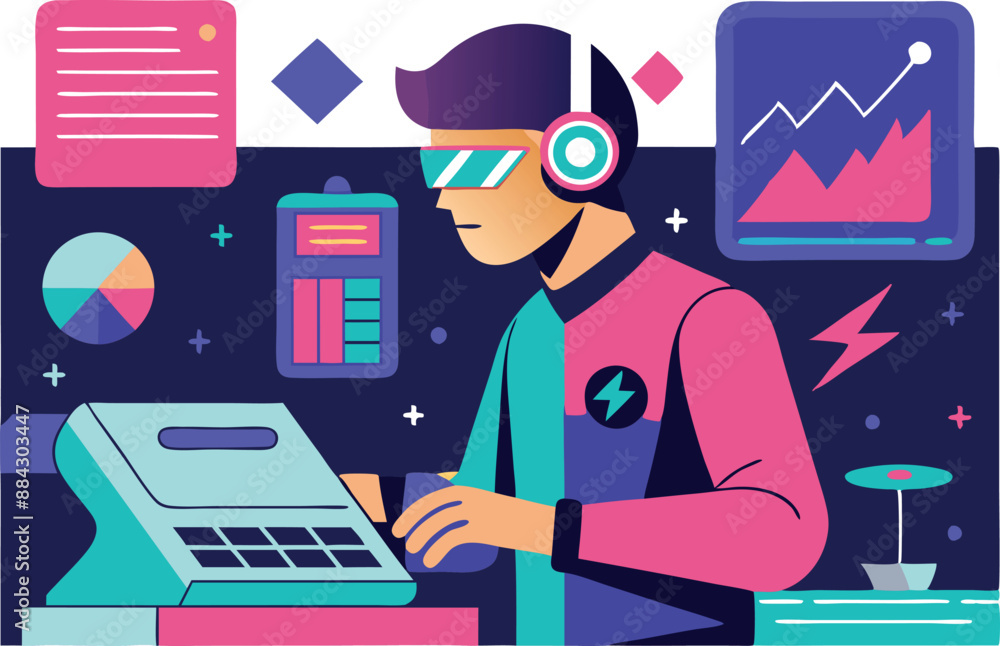 Poster colorful illustration of a young developer working on a computer, surrounded by data visualization, 