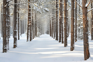 Serene Snowy Forest Landscape with Sunlight Through Trees in Winter Wonderland for Nature Photography, and Winter Scenery Concepts