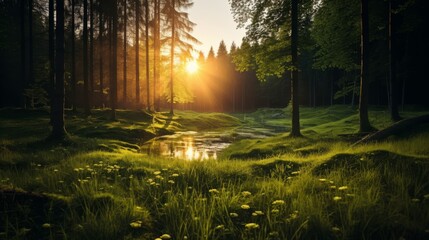 Obraz premium Lush green grass illuminated by sunset in a serene forest