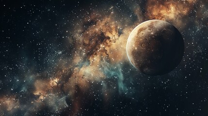 Obraz premium A planet is prominently featured against the backdrop of colorful cosmic dust clouds, creating a stunning, immersive visual spectacle of the universe.