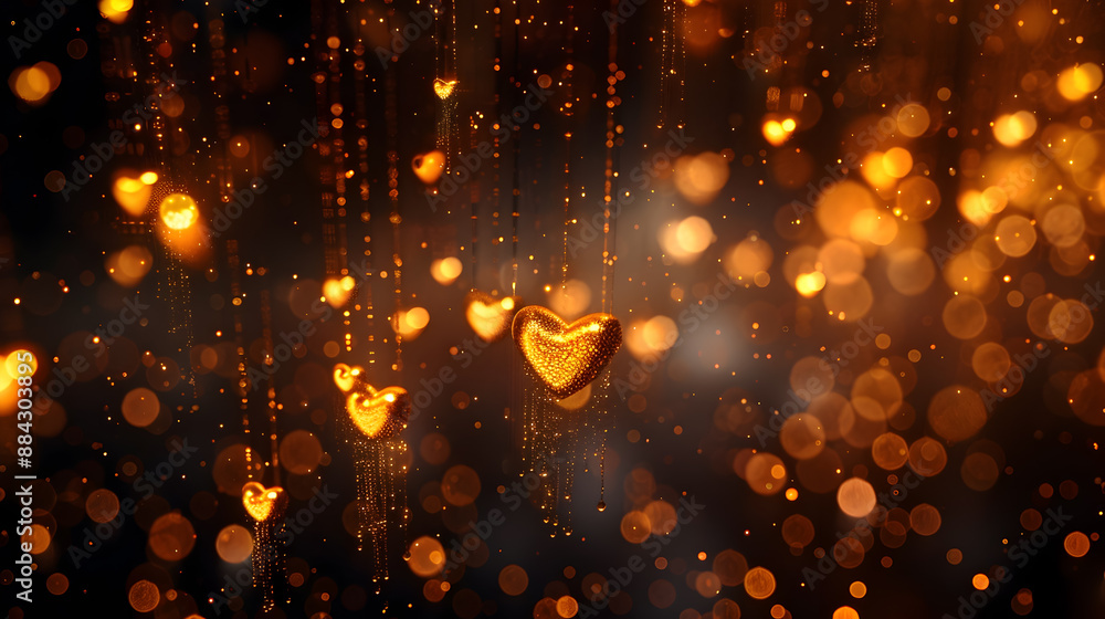 Poster mesmerizing glowing golden heart shaped light strands suspended in a moody ink black void creating a