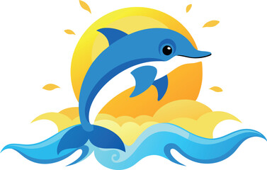 Obraz premium Colorful illustration of a playful dolphin leaping over the ocean waves with a sunset background. Perfect for fun, ocean, and marine life themes.