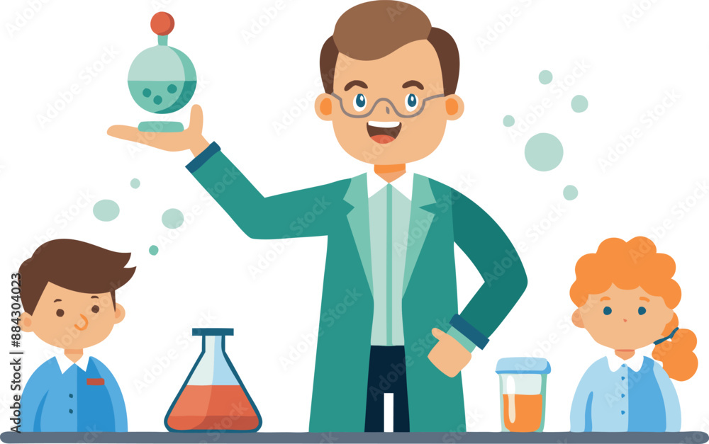 Poster cartoon illustration of a scientist and two children conducting a fun experiment in a lab setting. e