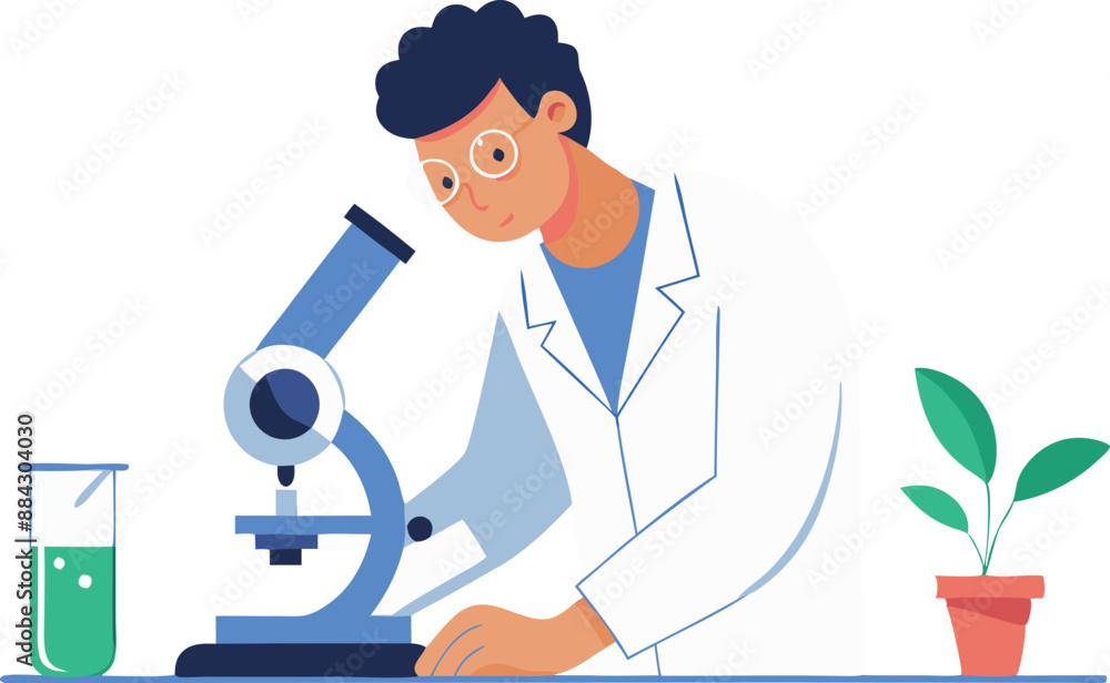 Poster scientist in a white lab coat studying a sample under a microscope in a laboratory setting with equi