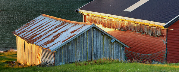 Rural, countryside and outdoor travel to farm, norway and mountain environment for nature. Barn, ecology and green location for earth vacation or holiday, nordic building and sustainable aesthetic