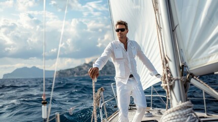 Fototapeta premium Photo of a seasoned captain sailing on a big white luxurious sailboat in the middle of Mediterranean Sea.