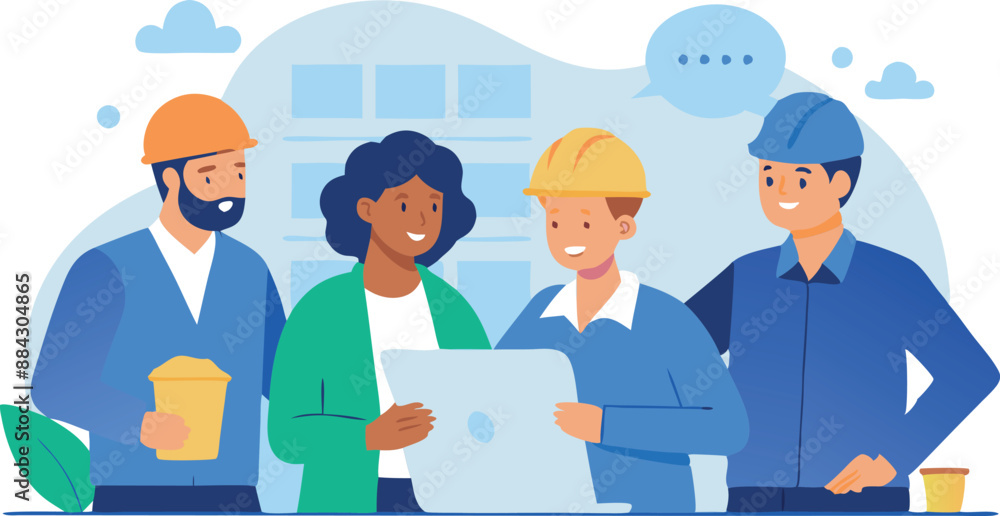 Poster diverse team of construction workers collaborating on a laptop. engineers in hard hats discussing pr