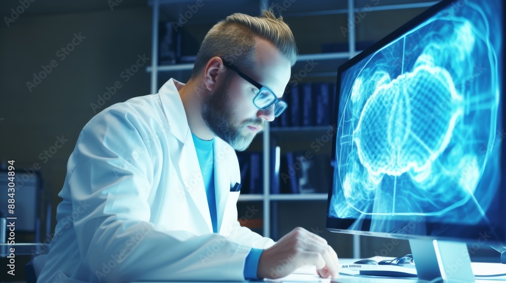 Poster medical researcher in glasses analyzing brain data on computer in modern laboratory copy space cool 