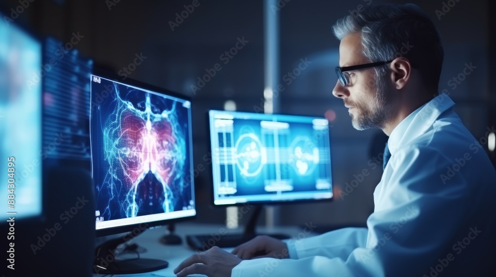 Poster medical researcher in glasses analyzing brain data on computer in modern laboratory copy space cool 