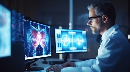 Medical researcher in glasses analyzing brain data on computer in modern laboratory copy space cool tones