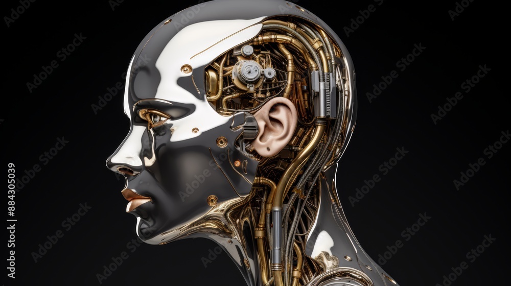 Poster metallic humanoid head with ai brain representation