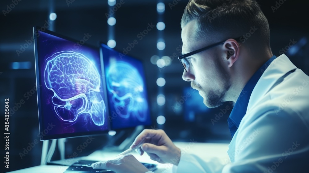 Poster Medical researcher in glasses analyzing brain data on computer in modern laboratory copy space cool tones