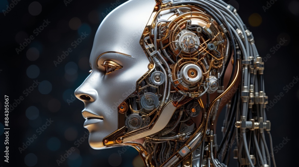 Aufkleber Metallic humanoid head with AI brain representation