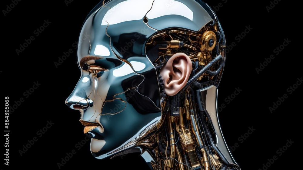 Poster metallic humanoid head with ai brain representation