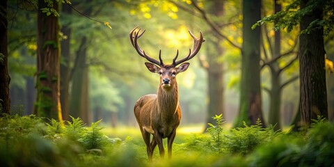 Majestic deer standing elegantly in a lush green forest, wildlife, nature, animal, forest, mammal, graceful, antlers