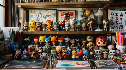 3. A collection of popmart figures arranged on a desk surrounded by art supplies and sketchbooks