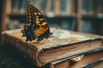 Close-up of a beautiful butterfly resting on an old antique book in a rustic library, showcasing the vintage nature of lepidoptery and the peaceful tranquility of studying classic literature