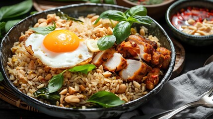 Thai fried rice, crispy fried egg, spicy basil chicken, rustic style, high-quality ingredients, delicious and inviting
