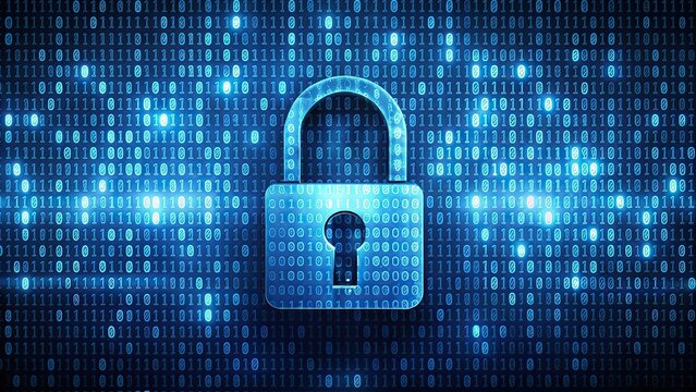 Digital security concept with padlock symbol and binary code, information protection