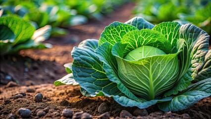 Obraz premium Close-up of a cabbage growing on the ground in a farming setting, cabbage, vegetable, agriculture, organic, fresh, green, leafy