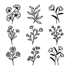 Set of flower and leaves silhouette