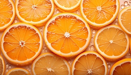orange slices with water drops, top view.
