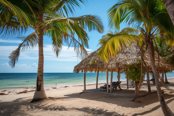 Obraz premium A cozy cabana on the beach with palm trees providing shade and a view of the ocean