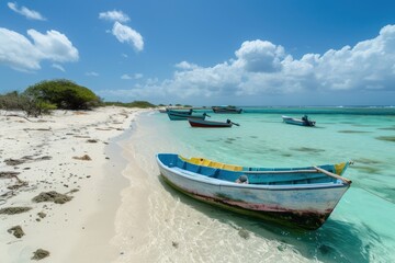 Fototapeta premium Tropical Paradise at Los Roques Archipelago with Turquoise Waters and Moored Fishing Boats - Perfect for Travel Brochure or Poster Design