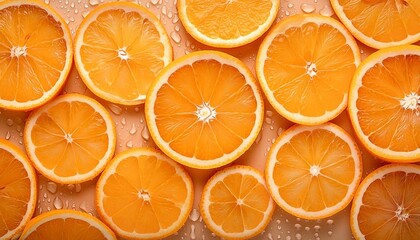 orange slices with water drops, top view.
