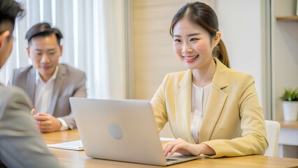 Obraz premium People working on laptop together in office, Business Meeting