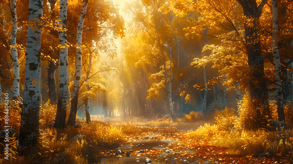 Poster enchanting autumnal forest with towering trees ablaze in warm hues a carpet of fallen leaves and sha