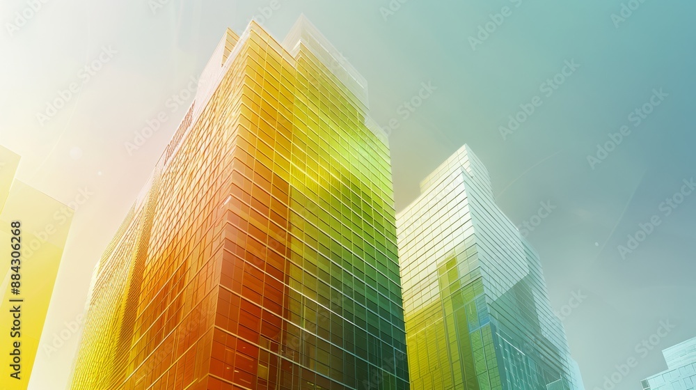 Poster conceptual design of a high-rise building with a gradient exterior ranging from green to yellow
