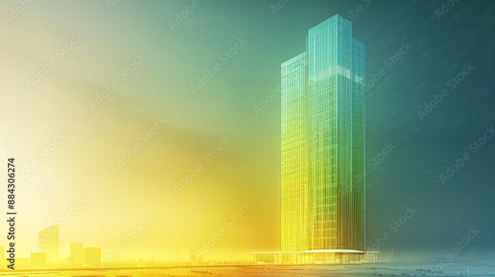 Poster conceptual design of a high-rise building with a gradient exterior ranging from green to yellow