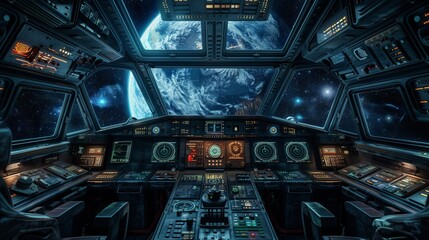 A detailed view of a spaceship cockpit with various controls and screens, and a breathtaking view of Earth outside the windows, representing exploration and technology.