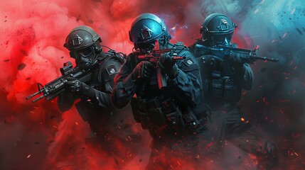 Three soldiers equipped with advanced firearms are shown in formation against a vivid backdrop of red and blue smoke, portraying intense preparedness and unity.
