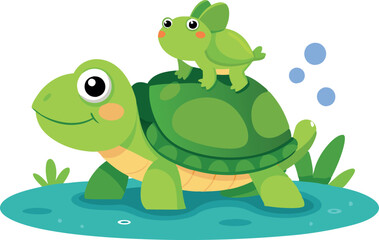 Illustration of a cute cartoon turtle with a frog on its back in a serene pond setting.