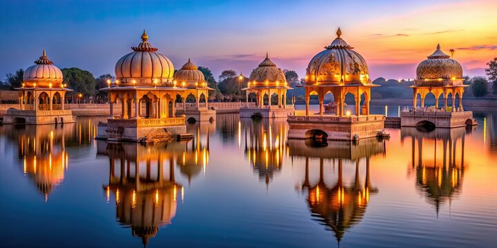 Illuminated chattri domes glowing over the lake at dusk, illuminated, chattri domes, lake, dusk, evening