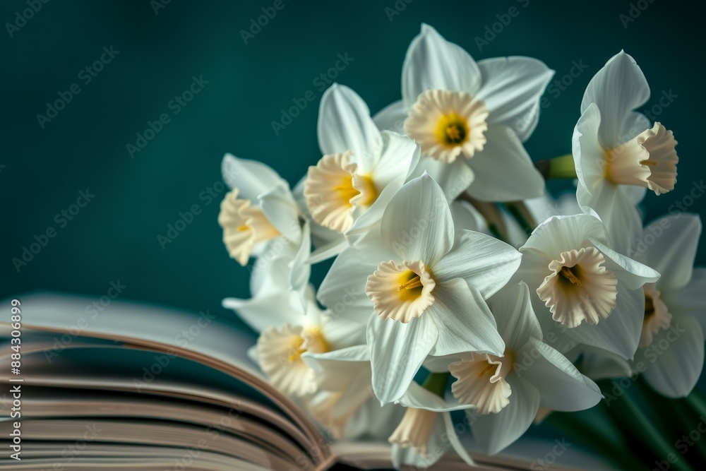 Poster elegant white daffodils resting on the pages of an open book