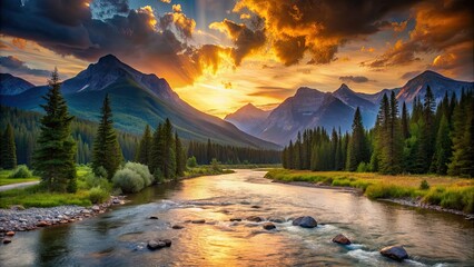 Obraz premium Mountain landscape with river at sunset , sunset, mountains, river, landscape, nature, orange sky, sun, setting sun, scenic