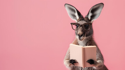 Cute kangaroo in eyeglasses reading book, learning over pink studio background with empty space for text. Funny concept of knowledge and school education