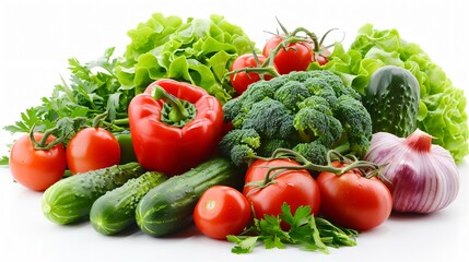 Fresh vegetables including tomatoes, cucumbers, and bell peppers arranged neatly on a transparent background, showcasing their vibrant colors and textures.