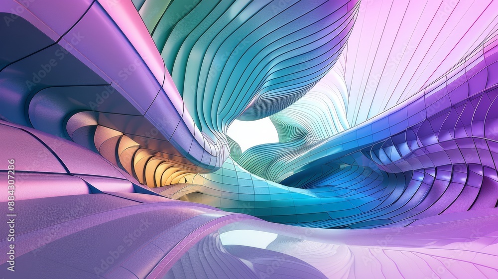 Poster modern architectural structure with flowing lines and a gradient color scheme blending purple, blue, and green