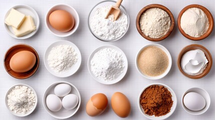 A selection of baking ingredients such as flour, sugar, eggs, and butter, arranged in a clean, organized manner on a transparent background.