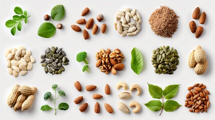 An assortment of nuts and seeds, such as almonds, walnuts, and sunflower seeds, isolated on a transparent background for a clear and detailed view.