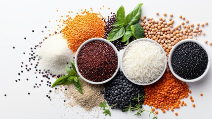 A collection of grains and legumes, including quinoa, rice, and lentils, displayed in small piles on a transparent background to showcase their different textures and colors.