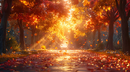 Fototapeta premium Enchanting autumnal park scene featuring a lush landscape filled with vibrant orange red and yellow foliage gently drifting leaves and cinematic lighting creating a romantic serene