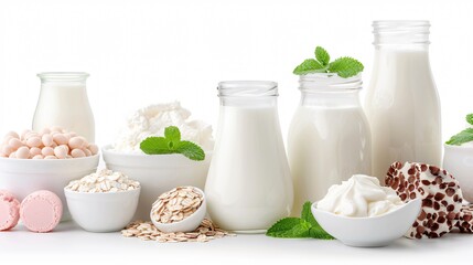 A range of dairy products such as milk, yogurt, and cream, presented in glass containers on a transparent background to highlight their freshness and purity.