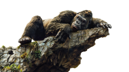 Gorilla sleeps on a large rock. on a transparent background illustration, Generative AI