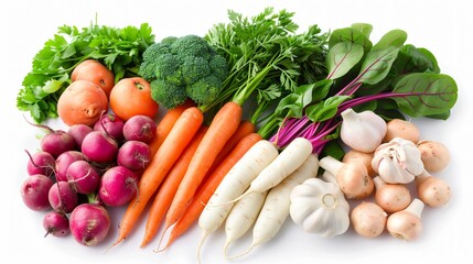 A variety of root vegetables, such as carrots, beets, and sweet potatoes, arranged on a transparent background to showcase their earthy tones and textures.